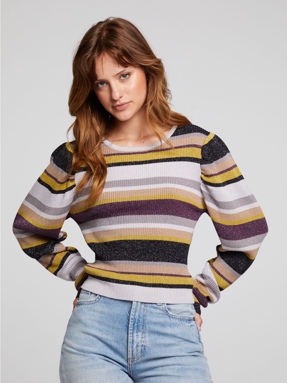 CHASER Collins Haight Street Stripe Long-Sleeve Top, Small, Multicolor Metallic